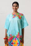 Prachi Kamat_Blue Poplin Embroidery Round Neck Floral Print Dress _Online_at_Aza_Fashions
