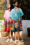 Prachi Kamat_Blue Poplin Embroidery Round Neck Floral Print Dress _at_Aza_Fashions