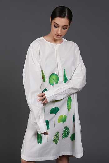 Samant Chauhan_White Cotton Round Neck Forest Canopy Shirt Dress _at_Aza_Fashions