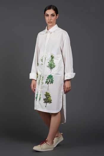 Samant Chauhan_White Cotton Collared Tree Print Shirt Dress _Online_at_Aza_Fashions