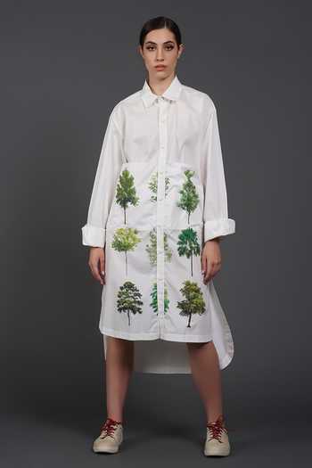 Buy_Samant Chauhan_White Cotton Collared Tree Print Shirt Dress _at_Aza_Fashions