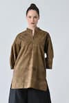 Samant Chauhan_Brown Cotton Embroidery Mandarin Collar Tropical Designer Top _at_Aza_Fashions