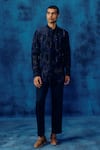 Buy_Mishru_Navy Chanderi Embroidery Blue Vitor Shirt Set _at_Aza_Fashions