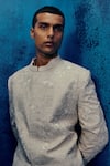 Mishru_Gray Doriya Embroidery Designer Arlo Bandhgala Set _Online_at_Aza_Fashions