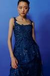 Mishru_Blue Chiffon Embroidery Square Neck Navy Designer Mischa Gown _Online_at_Aza_Fashions