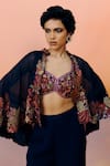 Shop_Mishru_Blue Organza, Satin Embroidery High Neck, Navy Kalie Cape Set _Online_at_Aza_Fashions