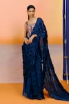 Shop_Mishru_Blue Organza Embroidery Square Neck Designer Yuki Navy Saree And Blouse _at_Aza_Fashions