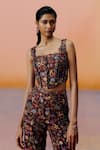 Mishru_Navy Organza, Chiffon Embroidery Square Neck Blue Floral Pants Set _Online_at_Aza_Fashions