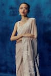 Mishru_Gold Organza Embroidery Square Neck Champagne Rizi Saree Set _Online_at_Aza_Fashions