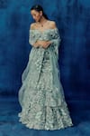 Buy_Mishru_Mint Tulle Embroidery Off-shoulder Green Josie Skirt Set _at_Aza_Fashions