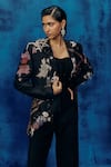 Mishru_Black Silk, Tweed Embroidery Square Neck Rini Designer Blazer Set _Online_at_Aza_Fashions