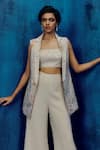 Shop_Mishru_Gold Organza Embroidery, Sequins Square Neck Champagne Sele Blazer Set _at_Aza_Fashions