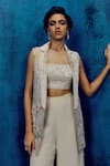 Buy_Mishru_Gold Organza Embroidery, Sequins Square Neck Champagne Sele Blazer Set _Online_at_Aza_Fashions