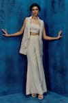 Buy_Mishru_Gold Organza Embroidery, Sequins Square Neck Champagne Sele Blazer Set _at_Aza_Fashions