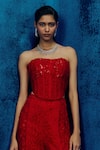 Buy_Mishru_Red Tweed Sequins Square Neck Myna Pants Set _Online_at_Aza_Fashions