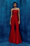 Shop_Mishru_Red Tweed Sequins Square Neck Myna Pants Set _Online_at_Aza_Fashions