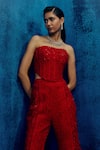 Shop_Mishru_Red Tweed Sequins Square Neck Myna Pants Set 