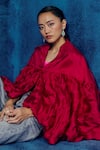 Mishru_Fuchsia Organza V-neck Ruffled Cape Top And Pant Set _Online_at_Aza_Fashions