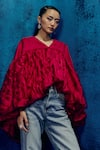 Shop_Mishru_Fuchsia Organza V-neck Ruffled Cape Top And Pant Set _at_Aza_Fashions
