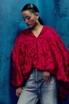 Shop_Mishru_Fuchsia Organza V-neck Ruffled Cape Top And Pant Set _Online_at_Aza_Fashions