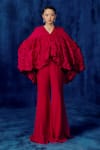 Buy_Mishru_Fuchsia Organza V-neck Ruffled Cape Top And Pant Set _at_Aza_Fashions