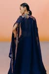 Shop_Mishru_Navy Organza Embroidery Open , Square Blue Avi Cape Set _at_Aza_Fashions