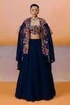 Buy_Mishru_Navy Organza Embroidery Open , Square Blue Avi Cape Set _at_Aza_Fashions