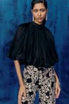 Mishru_Black Organza, Silk Embroidery High Neck Puff Sleeve Top And Pant Set _Online_at_Aza_Fashions