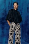 Shop_Mishru_Black Organza, Silk Embroidery High Neck Puff Sleeve Top And Pant Set _at_Aza_Fashions