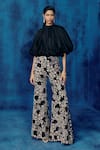 Buy_Mishru_Black Organza, Silk Embroidery High Neck Puff Sleeve Top And Pant Set _at_Aza_Fashions