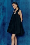 Mishru_Black Organza Embroidery V-neck Eva Dress _Online_at_Aza_Fashions