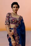 Mishru_Navy Silk Embroidery Square Neck Vida Blue Saree Set _Online_at_Aza_Fashions