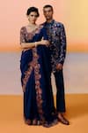 Shop_Mishru_Navy Silk Embroidery Square Neck Vida Blue Saree Set _at_Aza_Fashions