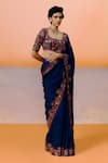 Buy_Mishru_Navy Silk Embroidery Square Neck Vida Blue Saree Set _at_Aza_Fashions