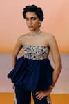 Mishru_Navy Organza Embroidery Bandeau Neck Blue Peplum Top And Pant Set _Online_at_Aza_Fashions