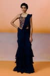 Buy_Mishru_Navy Organza Embroidery Square Neck Nica Designer Blue Saree Set _at_Aza_Fashions