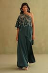Buy_Midori By Sgv_Green Satin Sequins Asymmetric Bottle Hand Embroidered Pant Set _at_Aza_Fashions