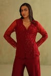 Shop_Midori By Sgv_Red Net, Silk, Chanderi Embroidery, Crystals Plunge Cherry Designer Pant Set _at_Aza_Fashions