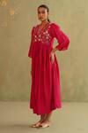 Midori By Sgv_Pink Cotton, Silk, Chanderi Sequins V-neck Hot Hand Embroidered Dress _Online_at_Aza_Fashions