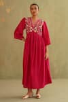 Buy_Midori By Sgv_Pink Cotton, Silk, Chanderi Sequins V-neck Hot Hand Embroidered Dress _at_Aza_Fashions
