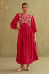 Buy_Midori By Sgv_Pink Cotton, Silk, Chanderi Sequins V-neck Hot Hand Embroidered Dress _Online_at_Aza_Fashions