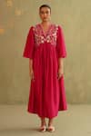 Shop_Midori By Sgv_Pink Cotton, Silk, Chanderi Sequins V-neck Hot Hand Embroidered Dress _Online_at_Aza_Fashions
