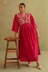 Shop_Midori By Sgv_Pink Cotton, Silk, Chanderi Sequins V-neck Hot Hand Embroidered Dress _at_Aza_Fashions