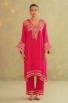 Shop_Midori By Sgv_Pink Crepe, Silk Sequins V-neck Hot Embroidered Kaftan Set _at_Aza_Fashions