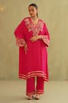 Buy_Midori By Sgv_Pink Crepe, Silk Sequins V-neck Hot Embroidered Kaftan Set _at_Aza_Fashions