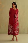 Shop_Midori By Sgv_Red Chanderi, Silk, Cotton Sequins, Cut Work Round Cherry Dress With Jacket _at_Aza_Fashions