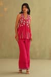 Midori By Sgv_Pink Crepe, Silk Embroidery, Sequins V-neck Hot Hand Pant Set _Online_at_Aza_Fashions