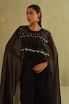Buy_Midori By Sgv_Black Organza, Satin Sequins Round Neck Embroidered Dress With Cape _Online_at_Aza_Fashions
