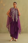 Shop_Midori By Sgv_Purple Organza, Satin Sequins, Cut Work High Designer Draped Skirt And Cape Set _Online_at_Aza_Fashions