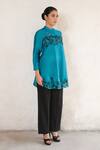 Shop_Saksham & Neharicka_Teal Cotton, Silk Embroidery Mandarin Collar Hand Blue Shirt _at_Aza_Fashions